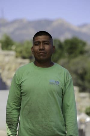 A man in a green shirt standing in front of a mountain.