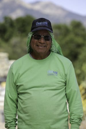 A man in a green shirt standing in front of a mountain.