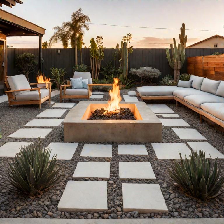 Modern outdoor patio with a central fire pit and geometric stepping stone design surrounded by comfortable seating and desert landscaping.