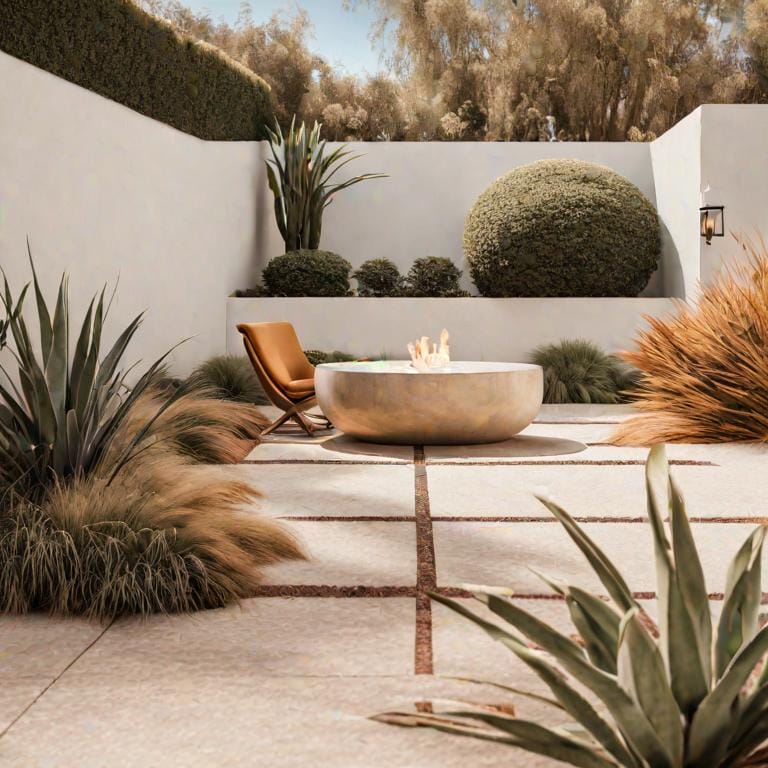 Modern outdoor patio with a fire pit and lounge chair surrounded by landscaped garden.
