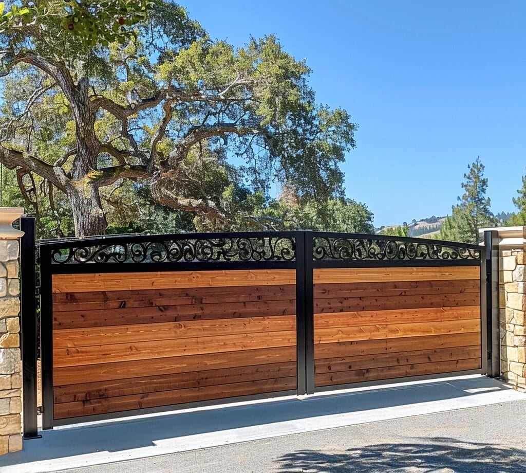 A tall gate with black metal and wooden panels is closed across a driveway. Stone pillars flank the gate, and large trees are visible in the background under a clear blue sky.