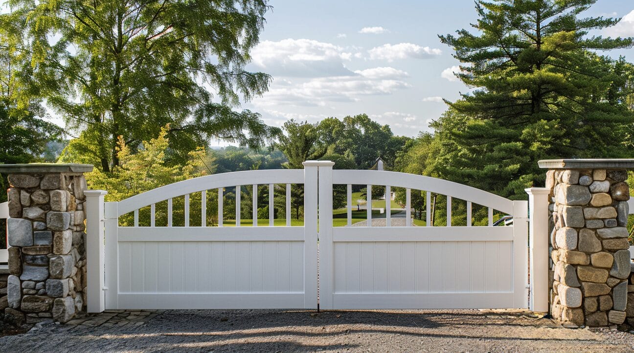 A white wooden gate with vertical slats, flanked by stone pillars, stands closed on a gravel path, with lush greenery and trees in the background under a partly cloudy sky.
