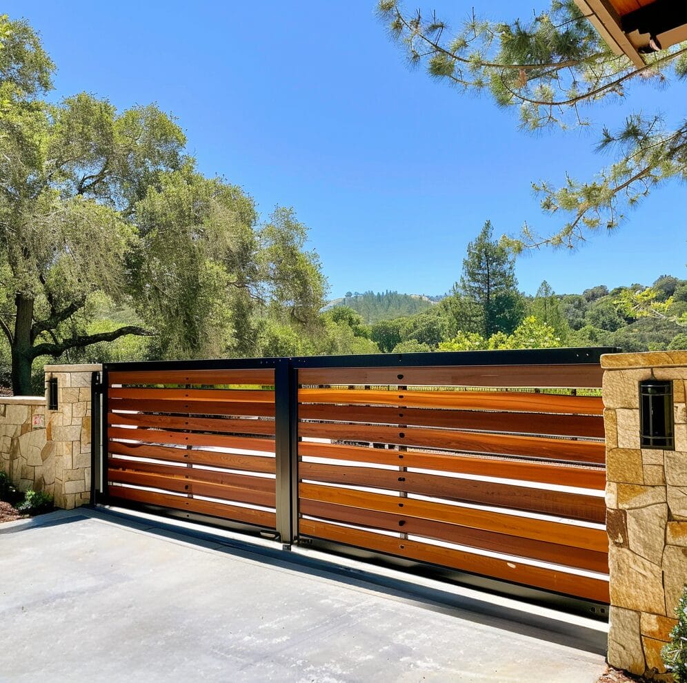 A modern wooden and metal sliding gate closes off a driveway, surrounded by stone walls and lush green trees under a clear blue sky.