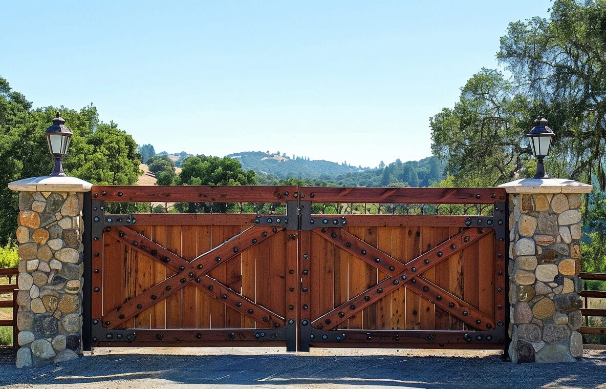 A set of large wooden double gates with metal accents, flanked by stone pillars topped with lanterns, stands at the entrance of a property with trees and hills in the background.
