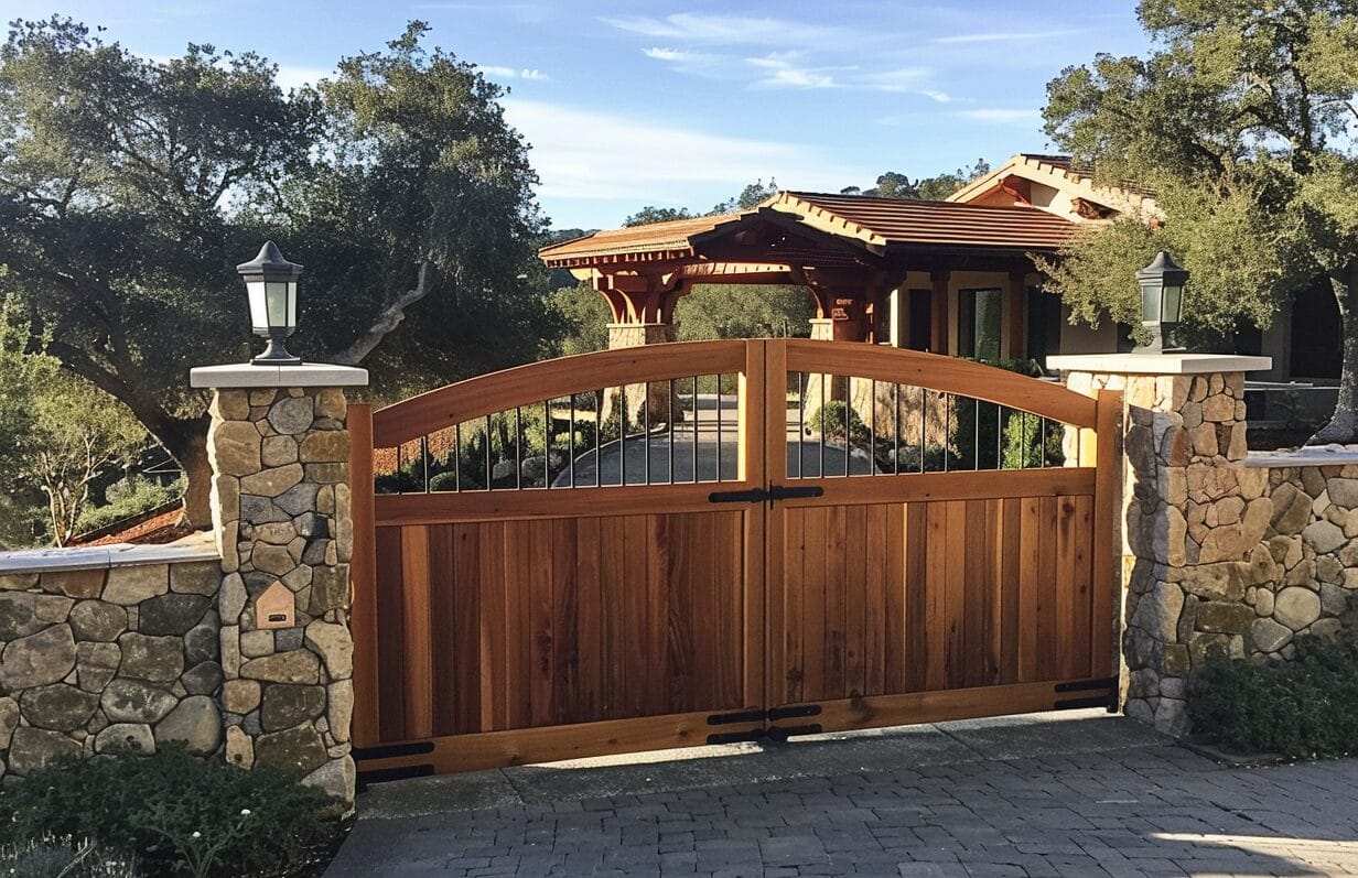 A pair of wooden gates with black hinges close off a driveway leading to a house with a red roof. The gates are flanked by stone pillars with lanterns, and trees are visible in the background.