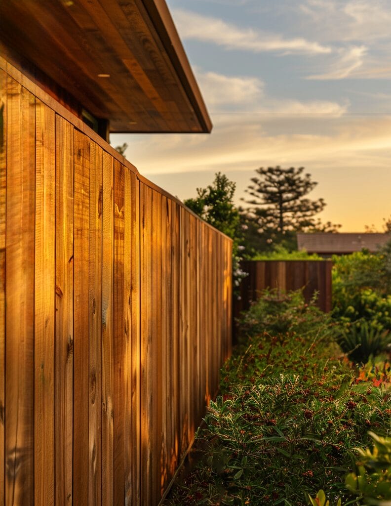 Wooden fence adjacent to a house, surrounded by greenery, under a partly cloudy sky during sunset.