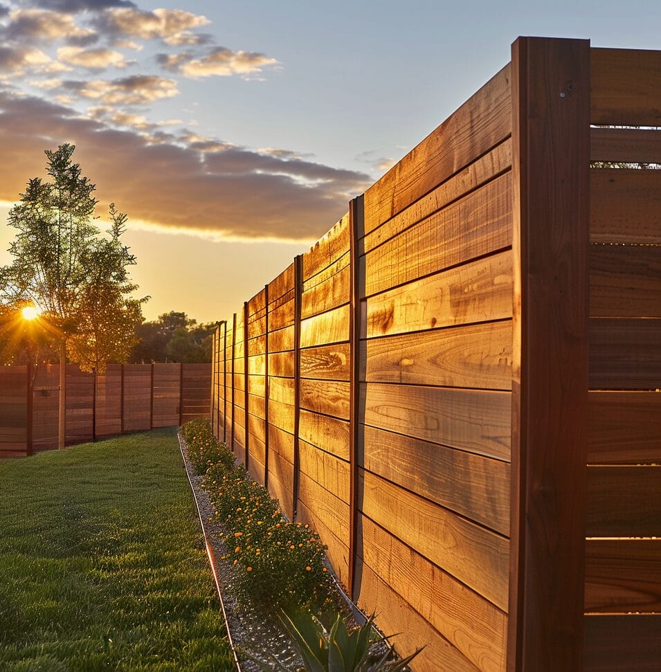 Sunset illuminates a wooden fence, with a neatly maintained lawn and a row of low plants in the foreground.