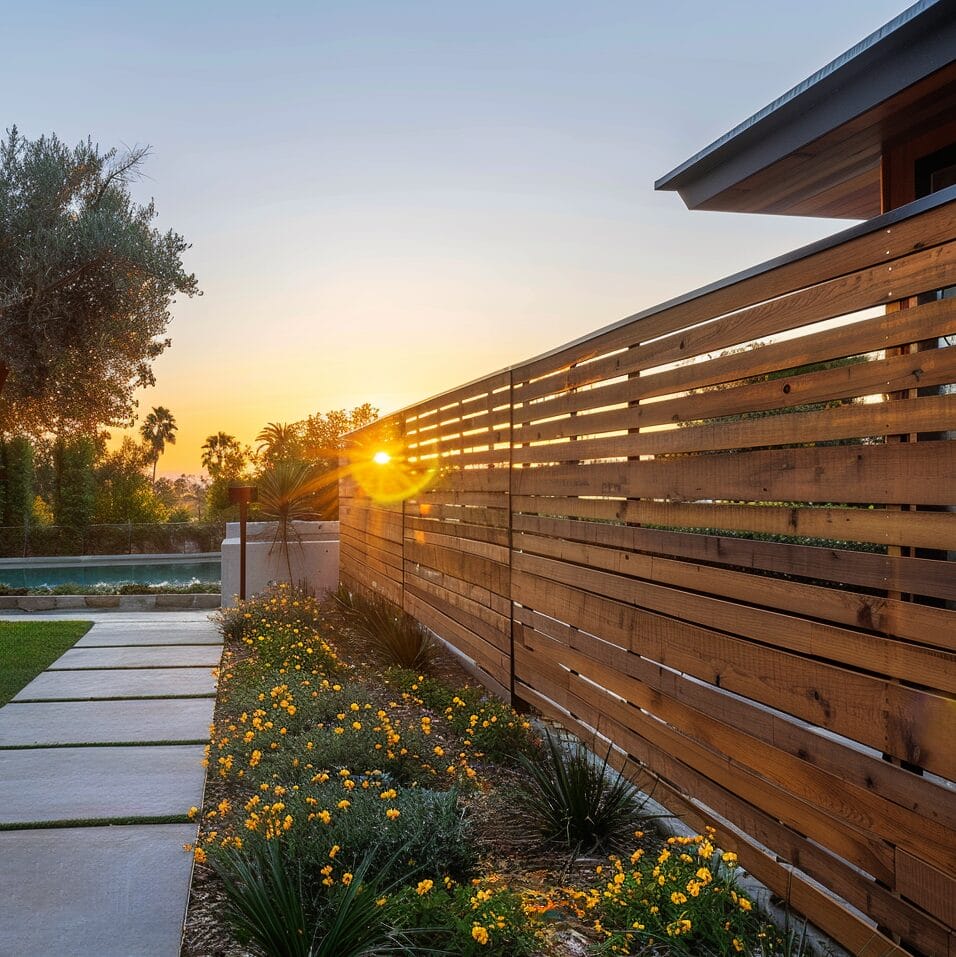 A wooden fence with horizontal slats beside a garden with yellow flowers at sunset. A stepped walkway leads towards a pool area in the background.