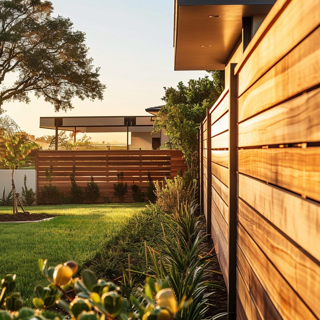 Backyard with wooden fence, green lawn, plants, and a modern house at sunset.