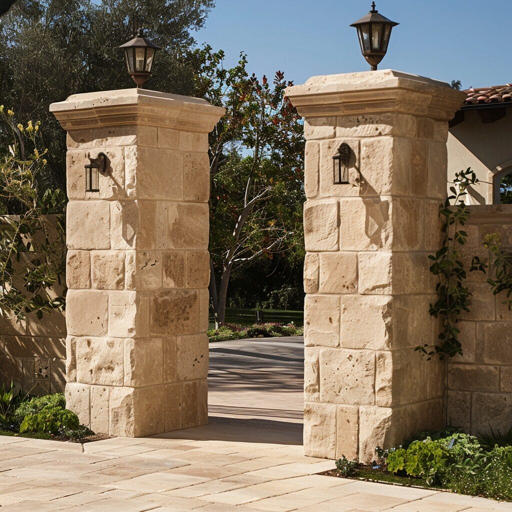 Stone pillars with attached lanterns form an open gate entrance to a courtyard, surrounded by a tiled walkway and greenery.