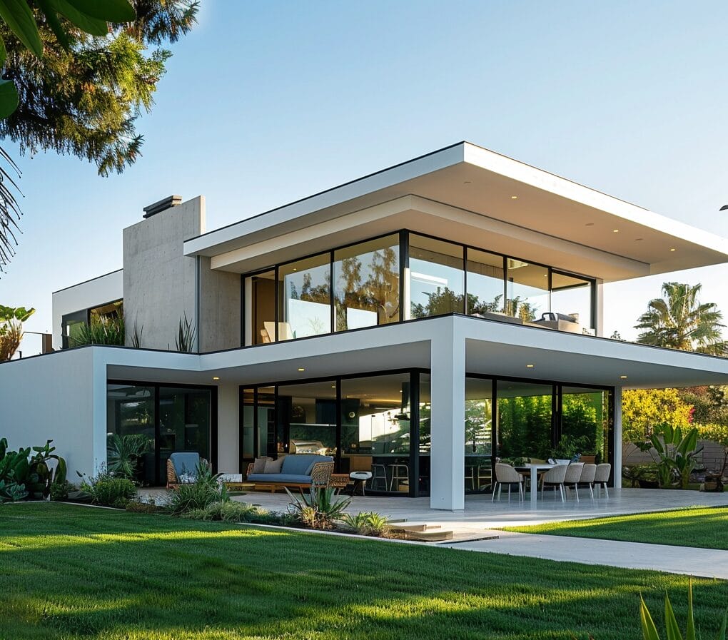 Modern two-story house with large glass windows, a flat roof, and a spacious outdoor patio area surrounded by a well-maintained lawn and various plants.