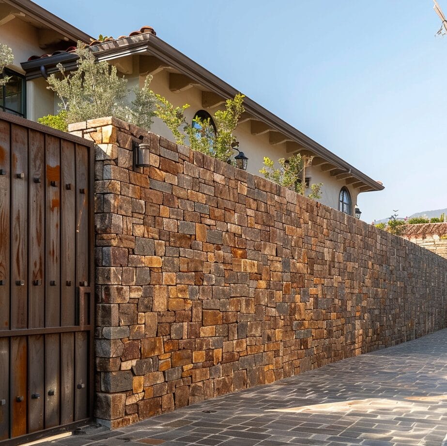 A tall stone wall lines a paved walkway next to a beige building with a tiled roof and window arches. A wooden gate is on the left side, and plants can be seen over the top of the wall.