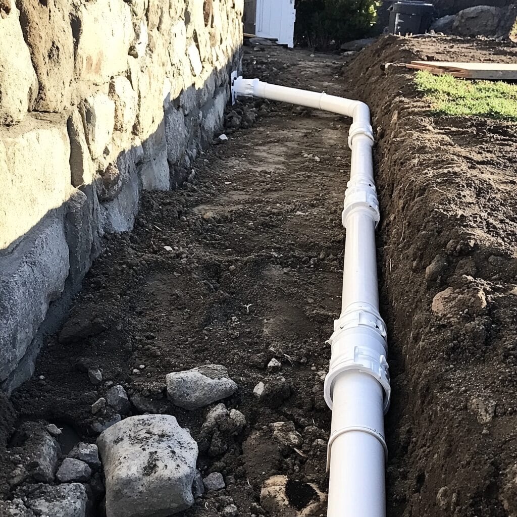 A section of white PVC piping installed along the foundation of a stone building, partially covered by dirt with some rocks and soil visible around it.