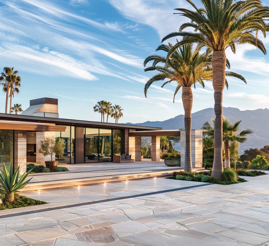 Modern house with large windows, a paved terrace, and palm trees, set against a backdrop of mountains under a blue sky with streaks of white clouds.