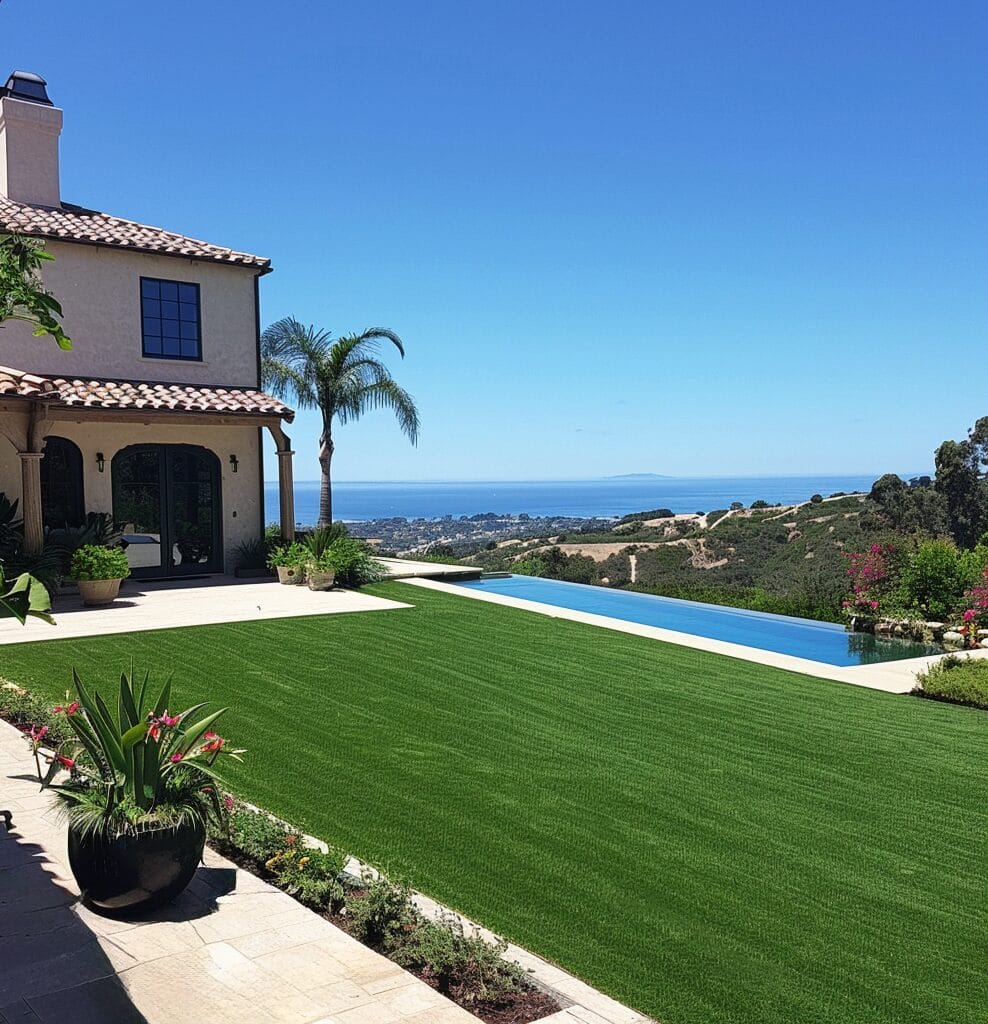 A house with a swimming pool and well-manicured lawn overlooking a hilly landscape and ocean in the background under a clear blue sky.