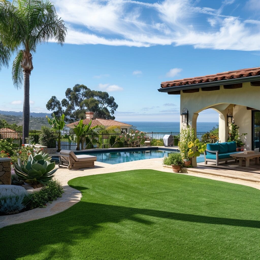 A backyard features a swimming pool, lounge chairs, and lush greenery with an ocean view in the background.