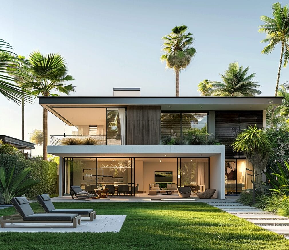 Modern two-story house with large windows, surrounded by palm trees and lush greenery. Features a patio with outdoor furniture and sun loungers on a well-maintained lawn.