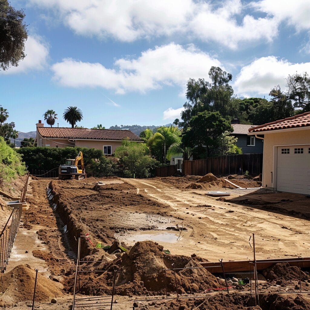 Construction site with dug-out foundation for a residential building, adjacent to suburban homes. A bulldozer is parked on the site and the area is surrounded by trees and hills under a partly cloudy sky.