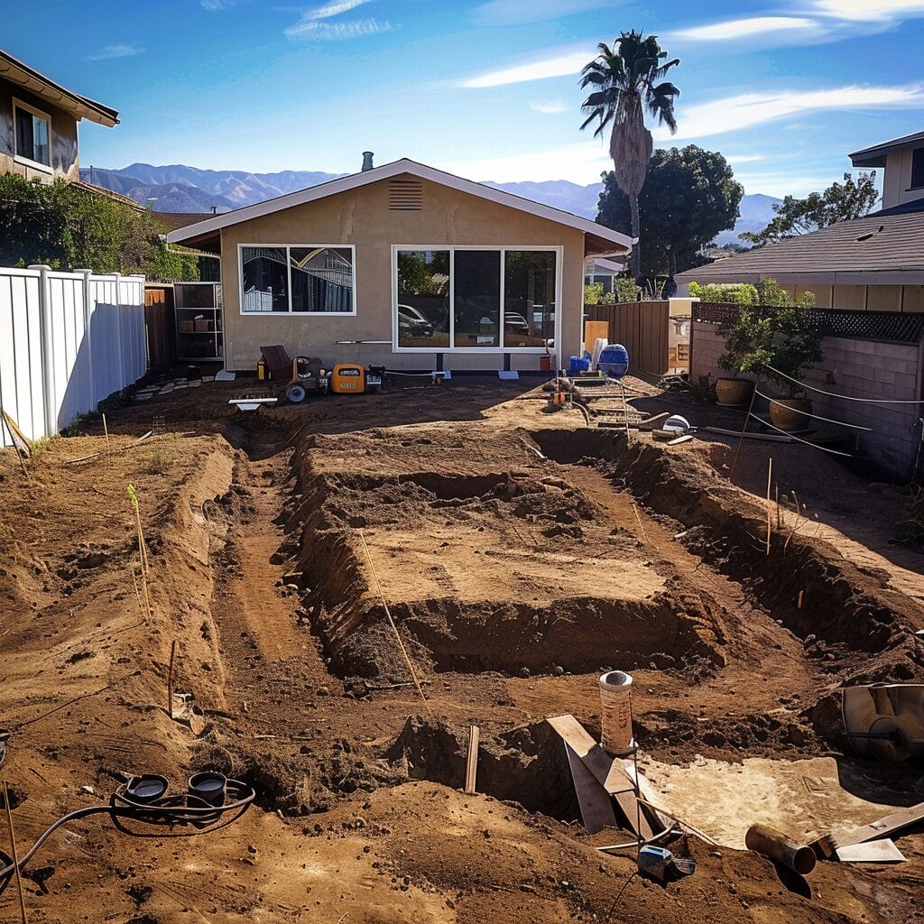 A backyard with a house has a large dug-out area for an in-ground pool construction. Tools, pipes, and construction materials are scattered around the site.