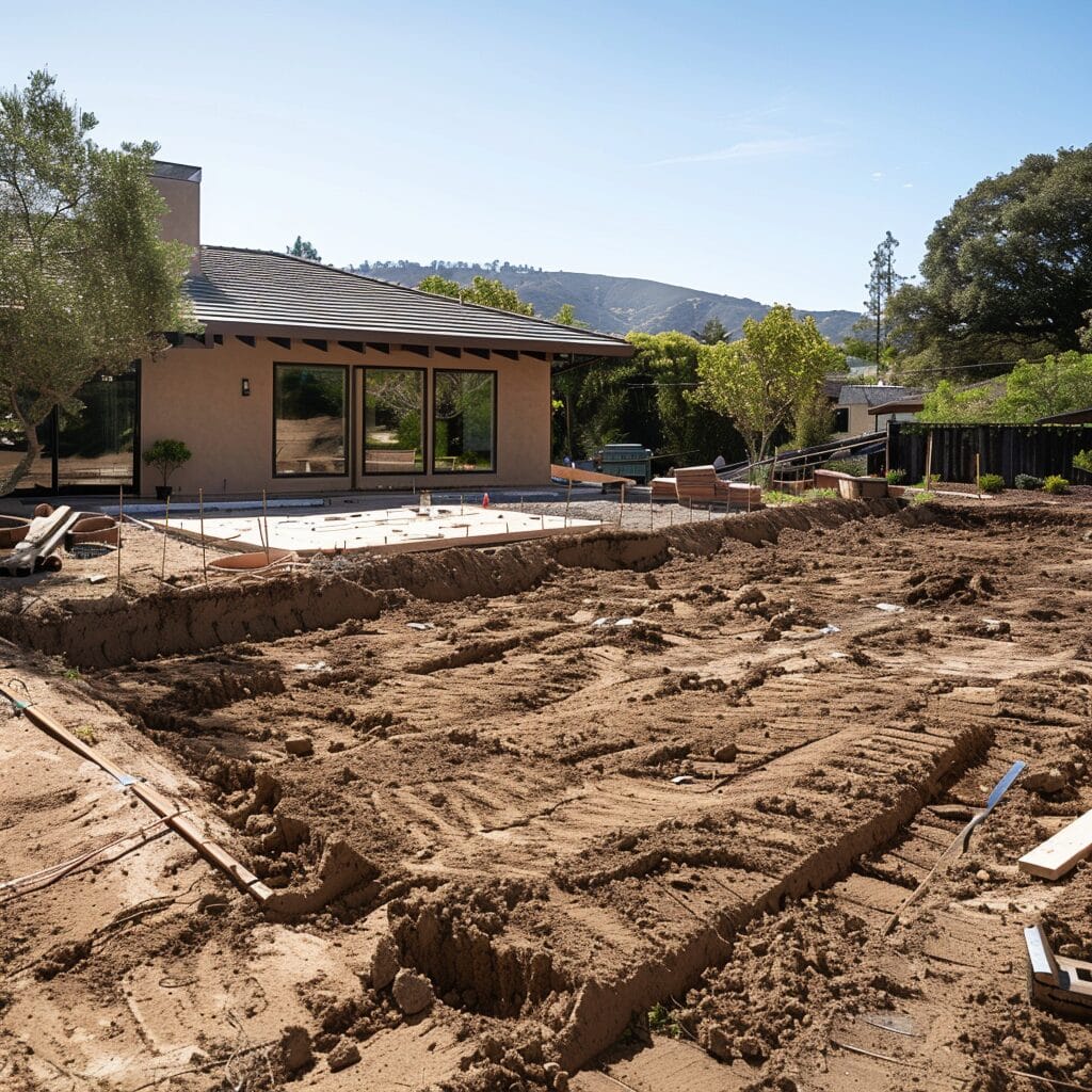 A residential backyard showing a cleared and leveled area with visible soil preparations and marked boundaries, likely for construction or landscaping work, adjacent to a modern house.