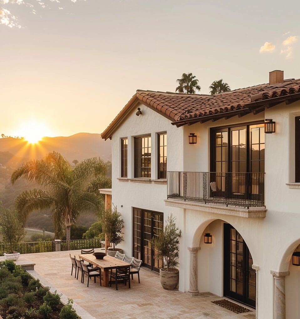 A Mediterranean-style house with white walls and terracotta roof tiles sits on a patio at sunset. The patio features an outdoor dining area with wooden furniture. Palm trees and hills are in the background.