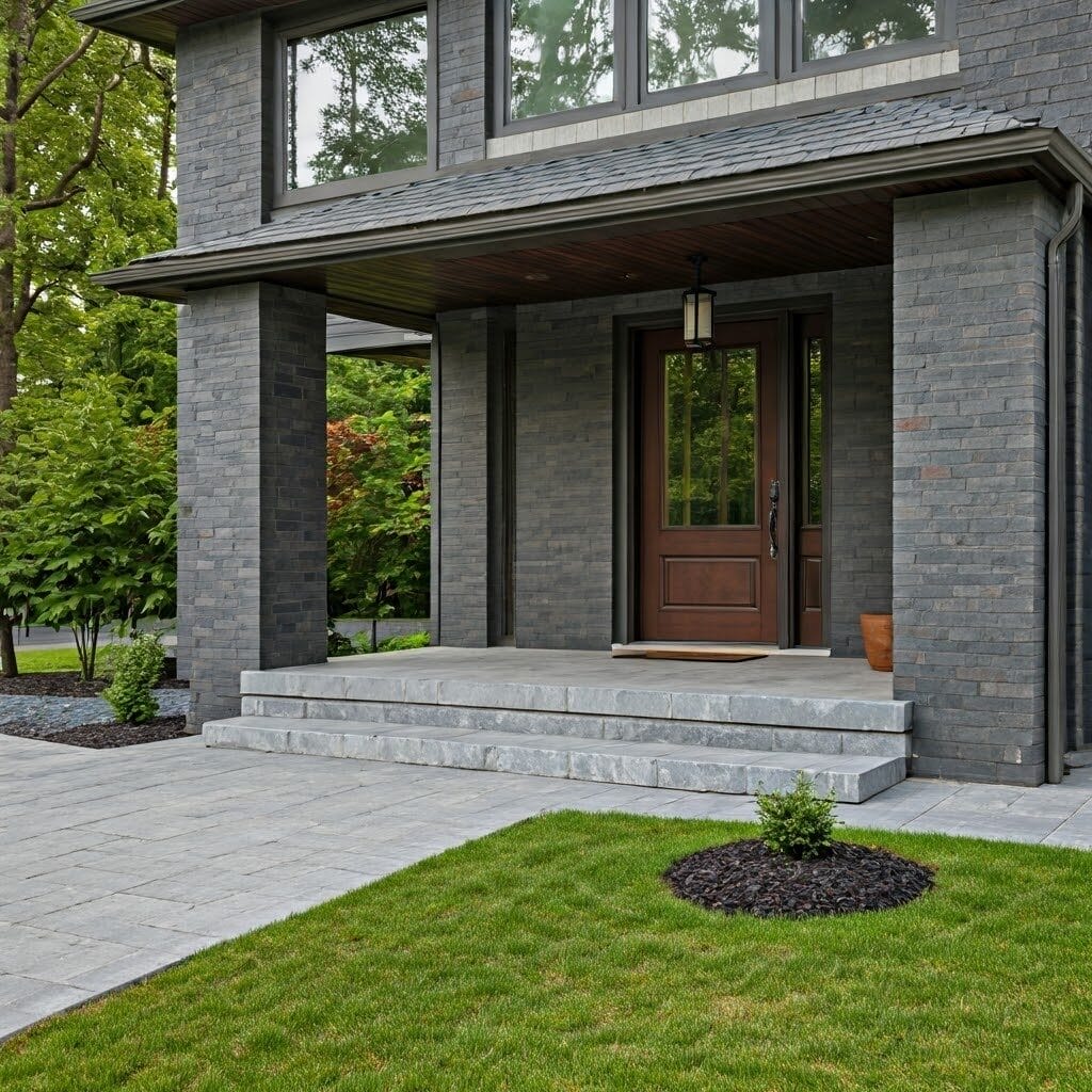 The modern brick house entrance features a handsome hardscape landing with steps, complemented by a dark wooden door and an overhang. A stone walkway meanders through the lush green lawn and trees, leading neatly to the inviting entryway.